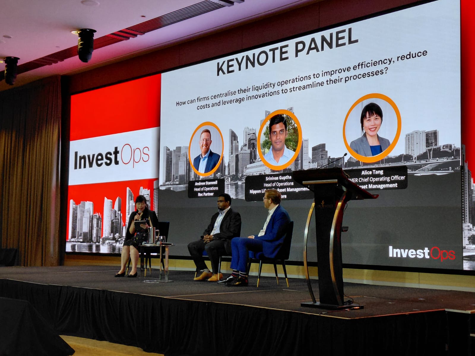 Alice Tang speaking on an investment operations panel at InvestOps Asia